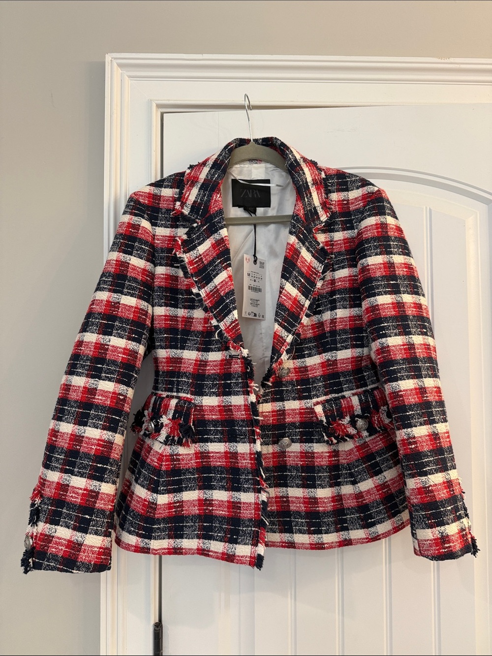ZARA Red White and Navy Plaid Tweed Blazer